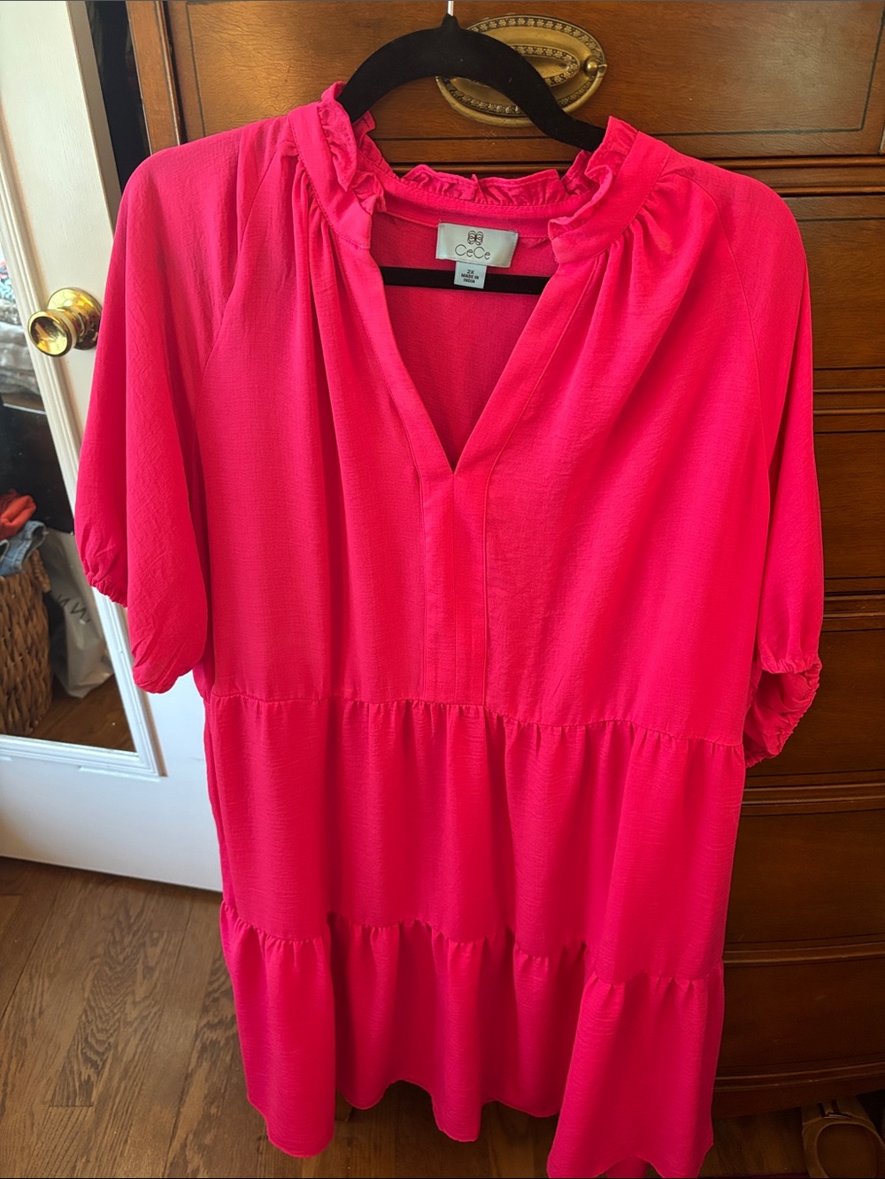 CeCe Fuchsia Tiered V-Neck Dress
